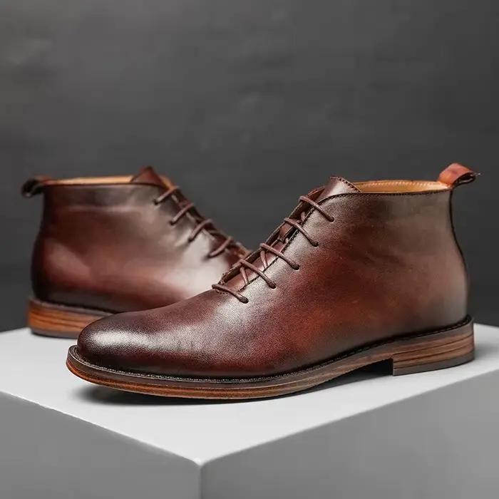 Bottines rétro pour hommes, chaussures en cuir véritable de haute qualité, élégantes à lacets, pour le bureau et les affaires