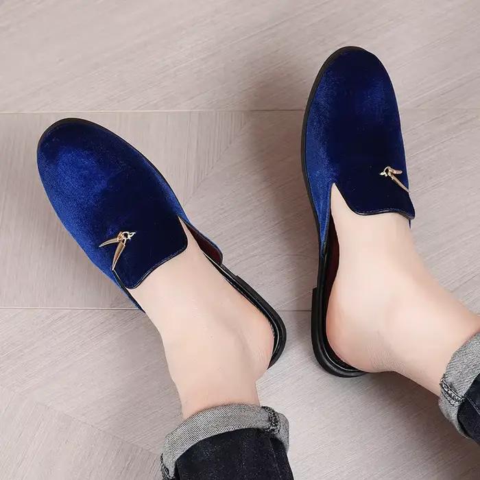 Mode nouveaux hommes velours glands demi pantoufles mocassins mâle décontracté violet vert bleu noir Mules