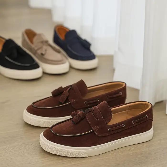Mocassins en cuir suédé pour hommes, chaussures décontractées à plateforme, faites à la main, chaussures de marche et de conduite, mocassins plats à enfiler