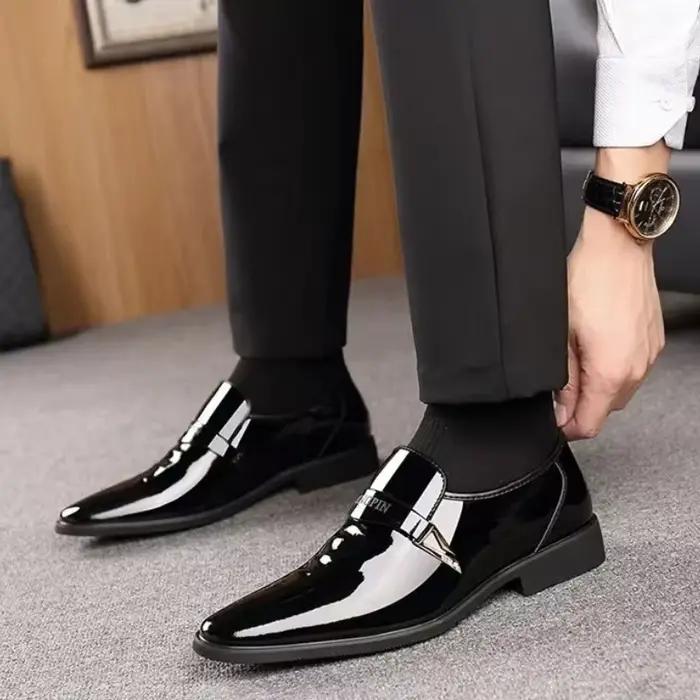 Chaussures Oxford en cuir brillant pour hommes, mocassins à enfiler, bout pointu laqué, chaussures d'affaires élégantes et durables pour homme occasions professionnelles