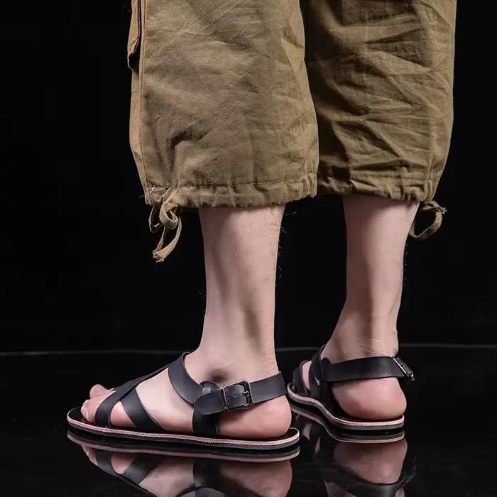 Été hommes mode Rome en cuir véritable sandales ceinture conception bout ouvert sandales homme Simple chaussures plates décontractées respirant Sandalias