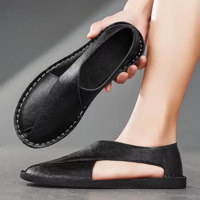 Sandales d'été en cuir véritable pour hommes, chaussures de plage pour jeunes, pantoufles légères et respirantes, sandales basses pour hommes