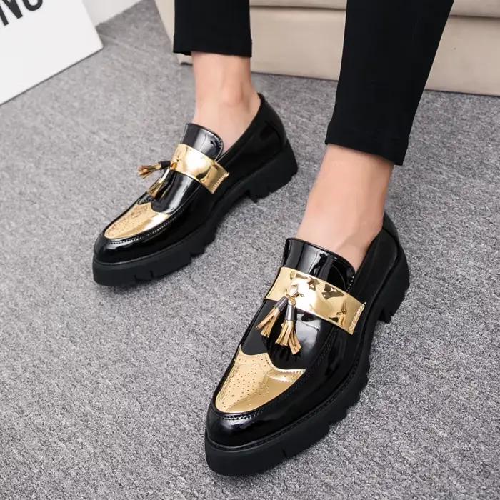 Mode doré hommes décontracté sans lacet gland brevet mocassins fond épais ascenseur chaussures