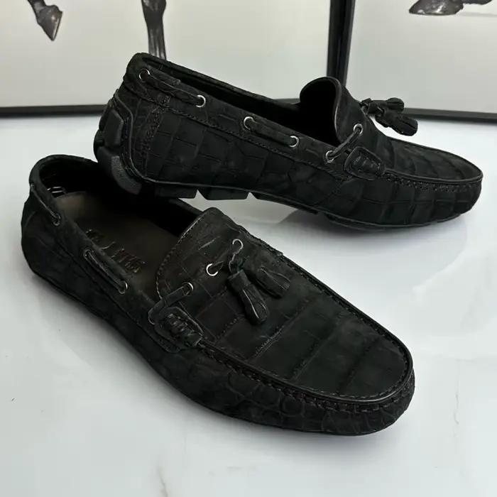 Mocassins Gommino pour homme en cuir de crocodile nubuck véritable, cuir exotique authentique, chaussures plates souples à enfiler pour homme