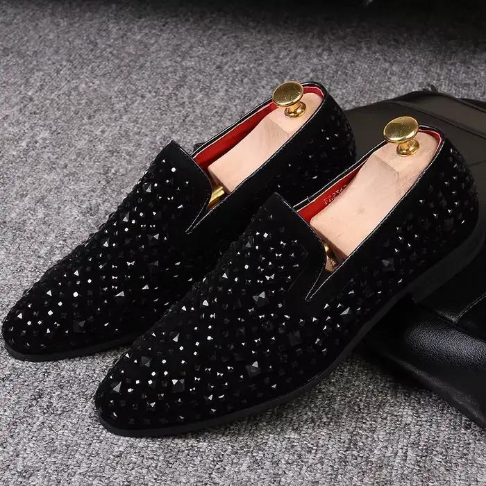 Chaussures habillées pour hommes de luxe bout pointu mocassins noirs Denim métal paillettes