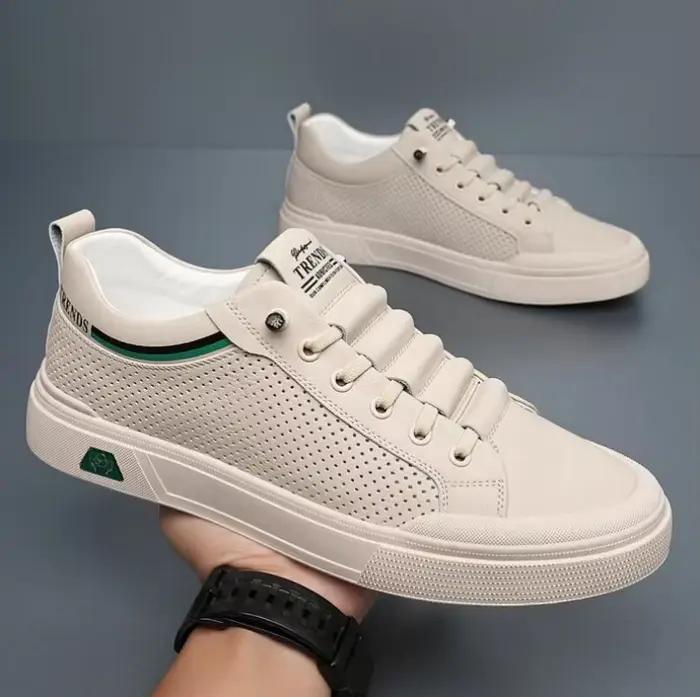 Chaussures décontractées en cuir véritable pour hommes, chaussures de skateboard plates, chaussures de rencontre respirantes, cuir de vache, tendance de la rue, été, nouveau