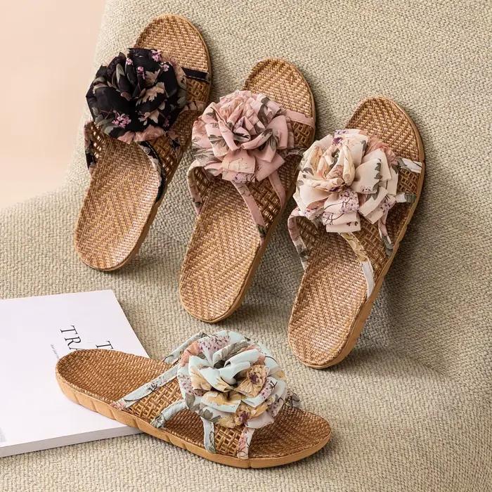 Nouvelles pantoufles d'été rafraîchissantes pour la maison avec nœud, chaussures d'intérieur en rotin, antidérapantes
