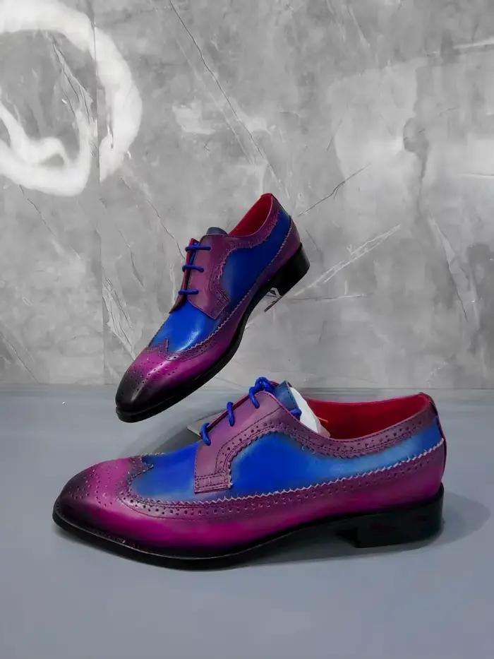 Chaussures en cuir à bout carré patchwork bleu violet pour hommes