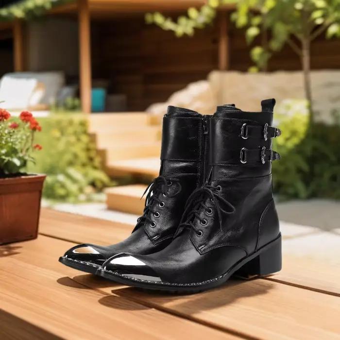 Bottes de cow-boy homme en cuir véritable bout pointu talon élevé mi-mollet pour style de rue printemps automne occidentales bottes de fête bottes chelsea grandes tailles