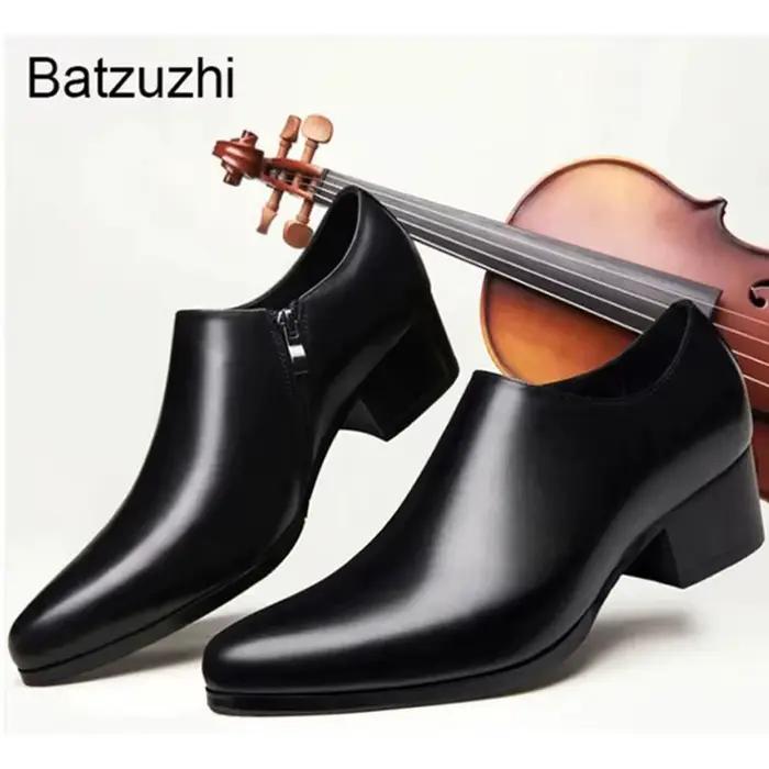 Batzuzhi 5CM chaussures à talons hauts hommes chaussures habillées en cuir noir pour homme Gentleman chaussures en cuir d'affaires bout pointu fermeture éclair, 36-44!