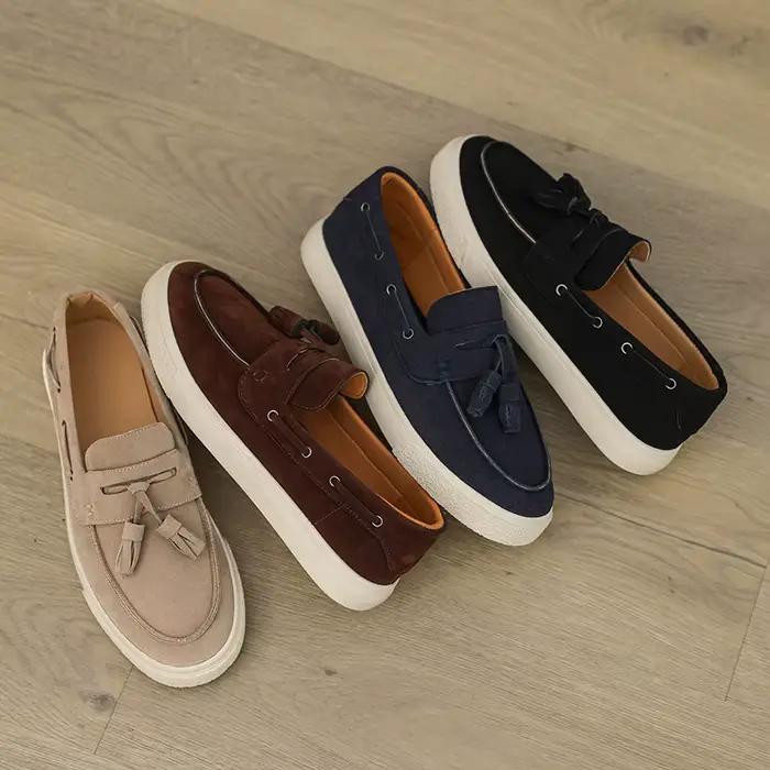 Mocassins en cuir suédé pour hommes, chaussures décontractées à plateforme, faites à la main, chaussures de marche et de conduite, mocassins plats à enfiler