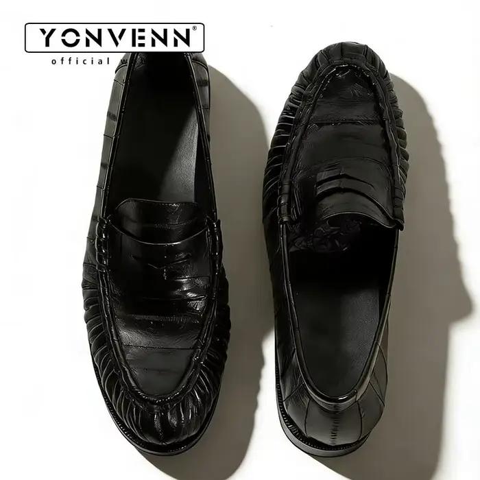 Mocassins en peau de anguille plissée et cuir de vachette pour homme, mocassins habillés à enfiler, élégants pour le travail décontracté et les trajets quotidiens