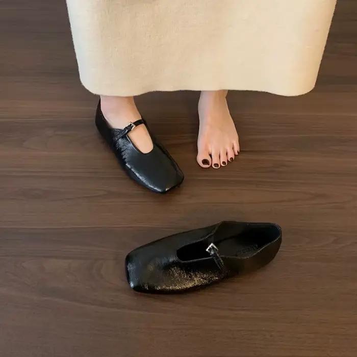 2025 léger été français rétro chaussures en cuir véritable minimaliste élégant bout carré