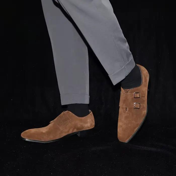 Classique Double boucle moine sangle hommes chaussures habillées vache daim cuir pointu casquette orteil affaires fête mariage chaussures formelles pour homme