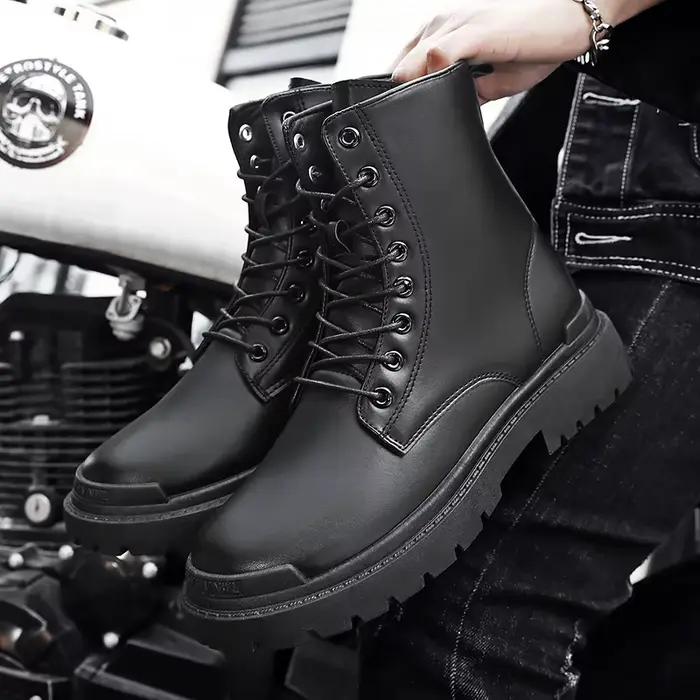 Bottes en cuir décontractées noires homme style britannique confort cheville plat semelle caoutchouc EVA occassions printemps automne moto balade