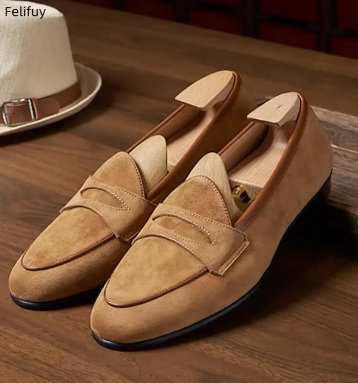 Mocassins en cuir véritable suédé marron beige pour hommes