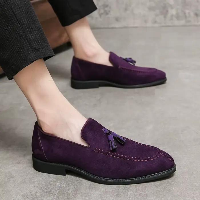 Nouveau Designer britannique daim cuir gland chaussures décontractées pour hommes violet bleu marron mocassins mariage bal retour fête chaussures