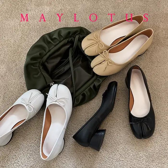 Chaussures Tabi à bout fendu, talon de 3 cm, en cuir, confortables, à semelle souple, mocassins pour femmes avec nœud