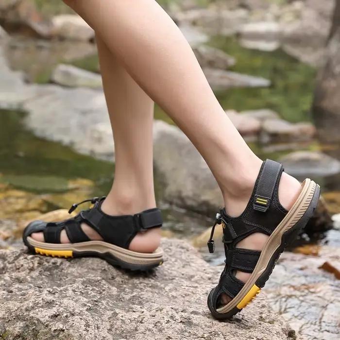 Sandales d'été en cuir véritable pour hommes, chaussures décontractées d'extérieur, chaussures de plage romaines