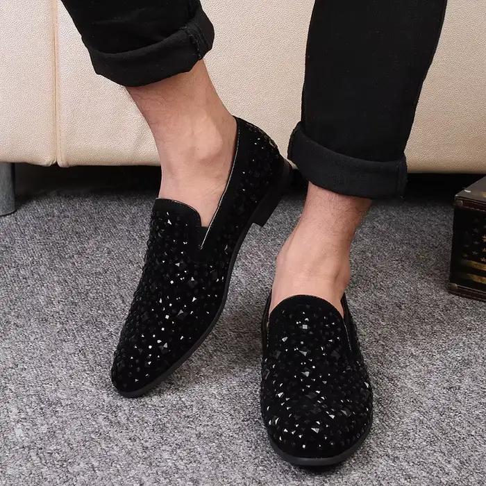 Chaussures habillées pour hommes de luxe bout pointu mocassins noirs Denim métal paillettes