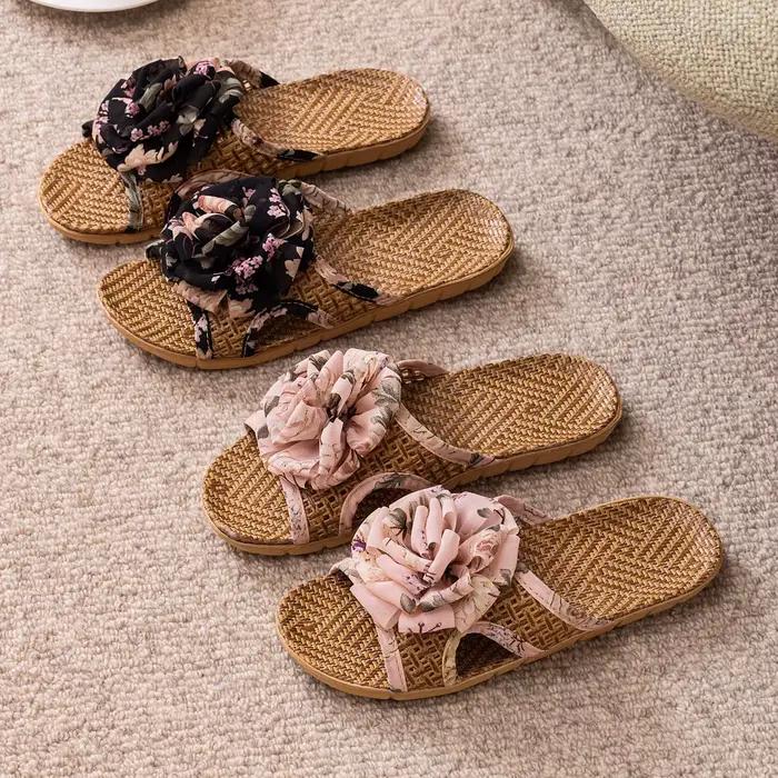 Nouvelles pantoufles d'été rafraîchissantes pour la maison avec nœud, chaussures d'intérieur en rotin, antidérapantes