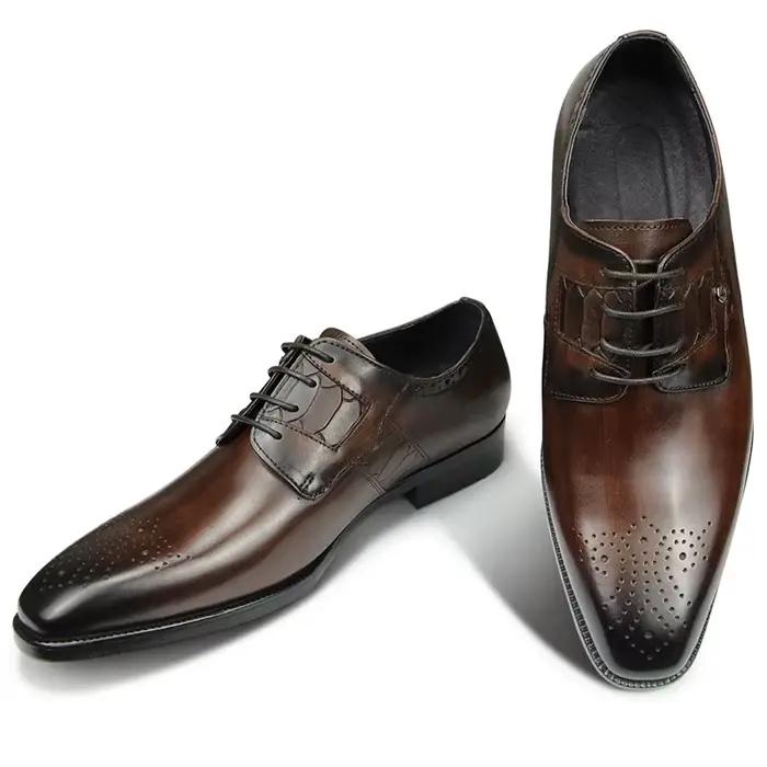 Chaussures en cuir Derby formelles pour hommes, Brogue à lacets, Chaussures de mariage pour hommes, Chaussures de bureau social, Chaussures de céphalopode authentiques, Cadeau de haute qualité