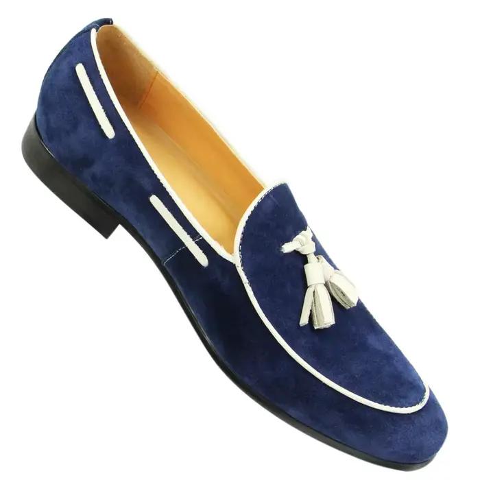Mocassins Penny Blue pour Hommes – Chaussures Décontractées d'Été à Pompom, Style Quotidien et de Bureau, en Daim de Vache de Haute Qualité, Personnalisables