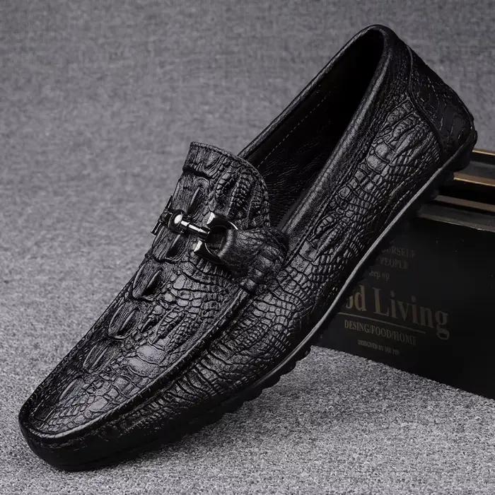 Chaussures italiennes faites à la main en cuir véritable noir chaussures formelles mocassins décontractés motif Crocodile pour hommes mocassins à carreaux de mode chaussures