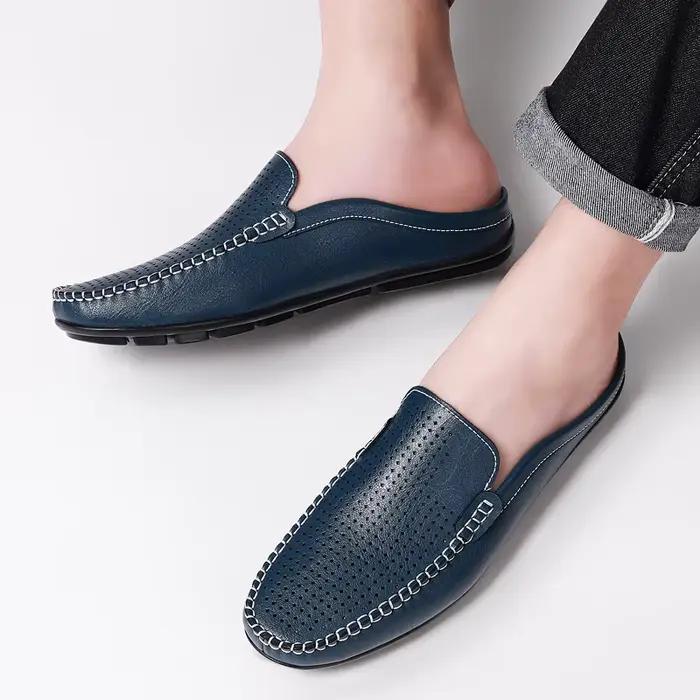 Chaussures décontractées en cuir véritable Realheren pour hommes demi-chaussures d'été mules perforées à enfiler noir et beige ocasions décontractées