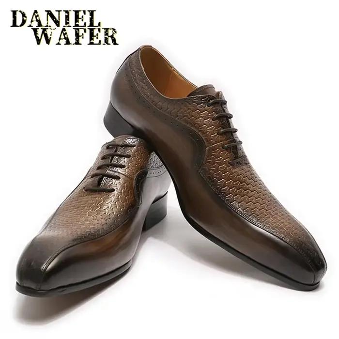 Marque de luxe hommes Oxford chaussures formelles noir marron bout pointu à lacets bureau affaires mariage