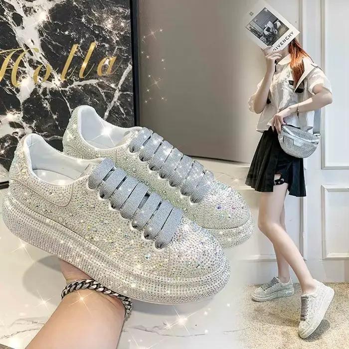 Chaussures de sport décontractées, Nouveauté de la saison, Vente flash : Chaussures compensées pour femme à semelle épaisse ornée de diamants, à lacets, bout rond, semelle extérieure en caoutchouc, am