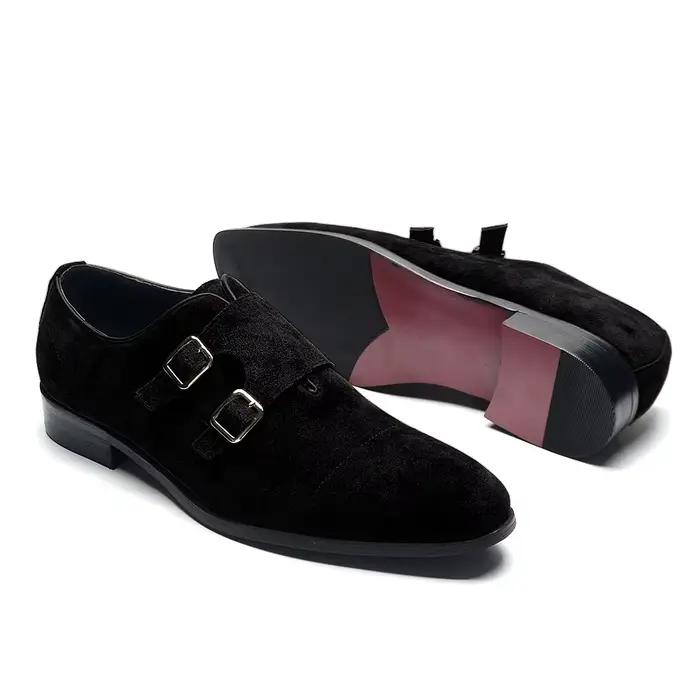 Classique Double boucle moine sangle hommes chaussures habillées vache daim cuir pointu casquette orteil affaires fête mariage chaussures formelles pour homme