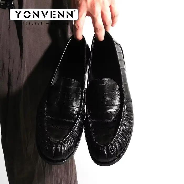 Mocassins en peau de anguille plissée et cuir de vachette pour homme, mocassins habillés à enfiler, élégants pour le travail décontracté et les trajets quotidiens