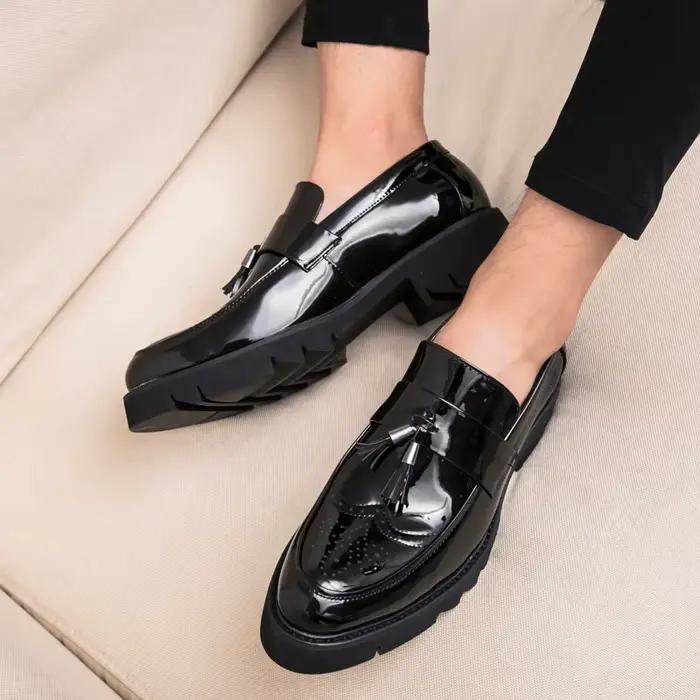 Mode doré hommes décontracté sans lacet gland brevet mocassins fond épais ascenseur chaussures