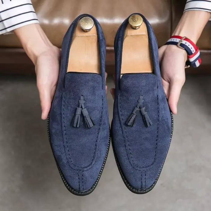 Nouveau Designer britannique daim cuir gland chaussures décontractées pour hommes violet bleu marron mocassins mariage bal retour fête chaussures