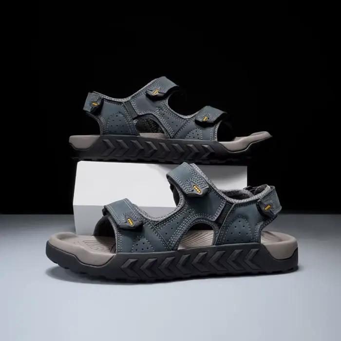 Sandales d'extérieur en cuir véritable pour hommes, sandales de plage antidérapantes d'été de haute qualité, baskets de marche respirantes à fond souple