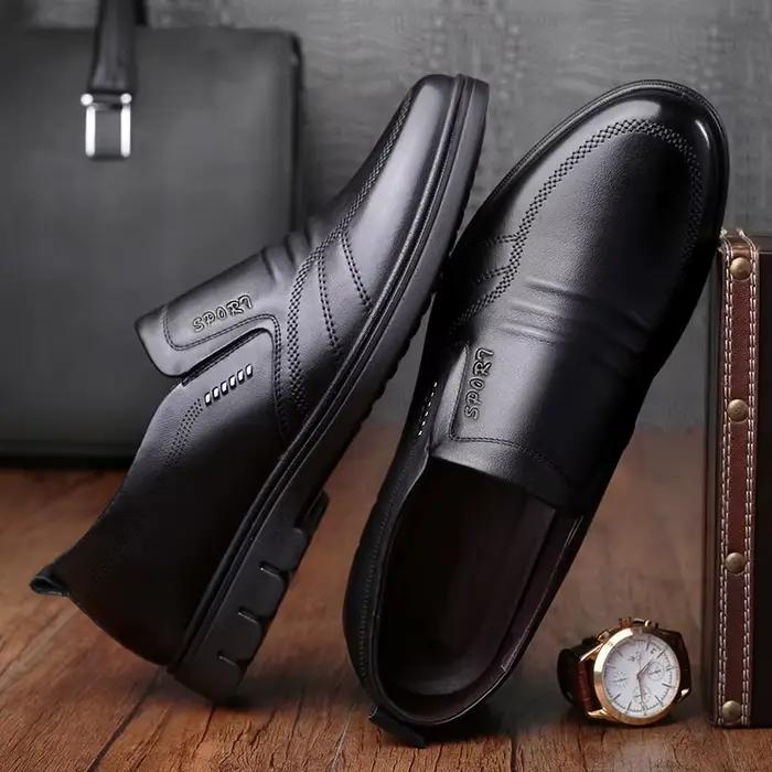 Chaussures d'affaires pour hommes en cuir souple, confortables, à enfiler, décontractées, respirantes, antidérapantes, à talon plat, bout rond, semelle extérieure en EVA