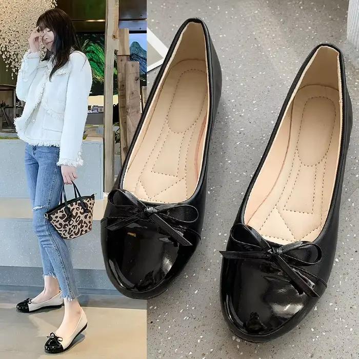 Ballerines à nœud bicolores noir et beige
