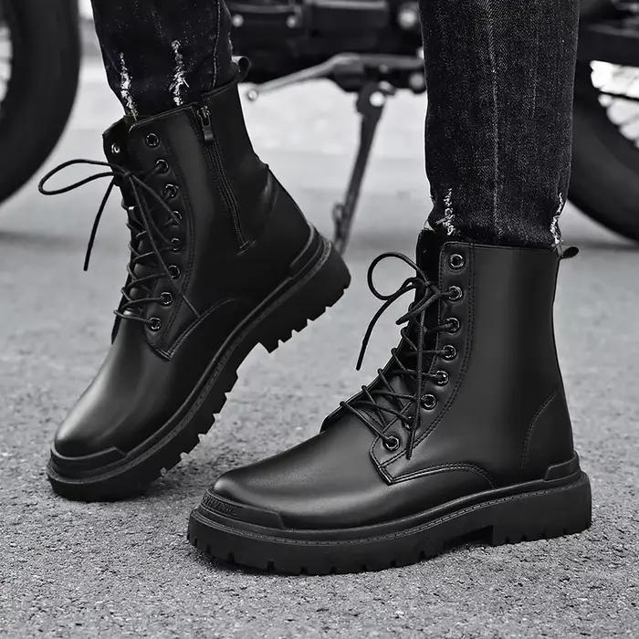 Bottes en cuir décontractées noires homme style britannique confort cheville plat semelle caoutchouc EVA occassions printemps automne moto balade