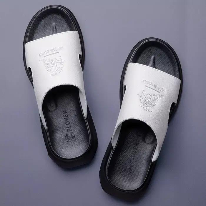 Chaussures d'été 2026 pour hommes, sandales décontractées en cuir véritable brodé, claquettes confortables à coussin d'air, sandales de plage