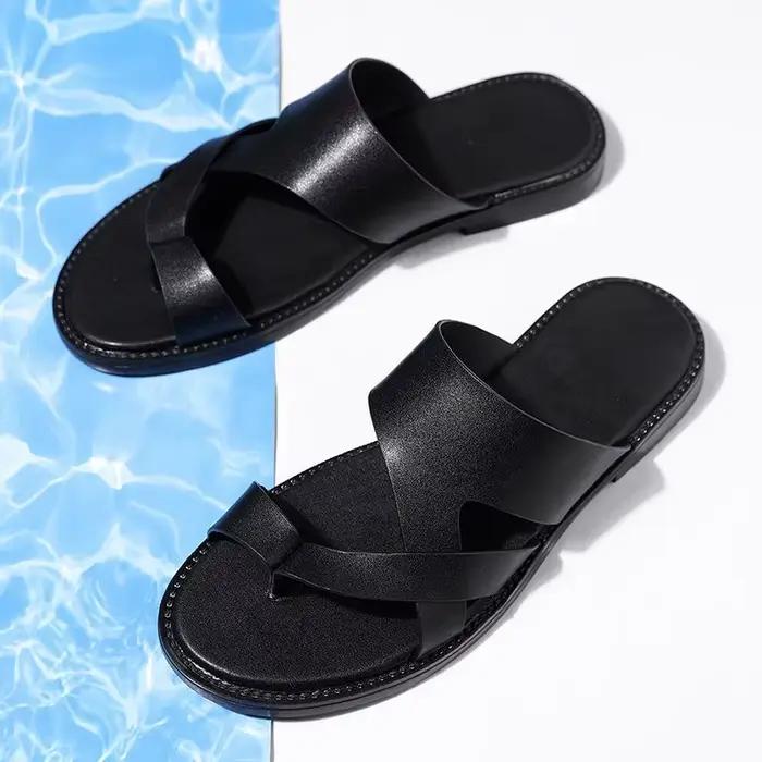 Sandales pour hommes, pantoufles en cuir véritable, marque de luxe, chaussures plates décontractées antidérapantes pour la plage, Sandalia Zapatos Hombre 2024