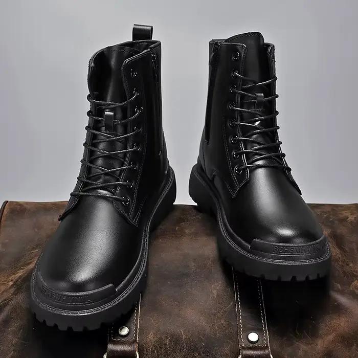 Bottes en cuir décontractées noires homme style britannique confort cheville plat semelle caoutchouc EVA occassions printemps automne moto balade