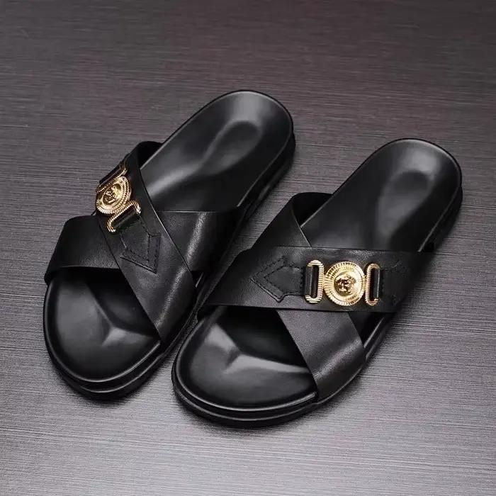 Pantoufles polyvalentes pour hommes cuir véritable semelle en caoutchouc sangles croisées chaussures de plage décontractées pour l'été occasions spéciales
