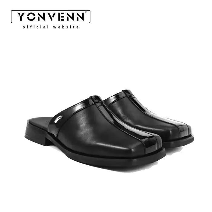 Nouvelles pantoufles à tête carrée et sans queue pour hommes, chaussures décontractées pour les déplacements professionnels, coulissantes en cuir, classiques et simples