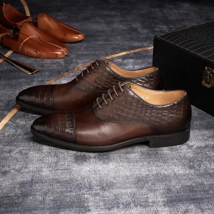 Chaussures de luxe en cuir véritable pour hommes, Oxford, faites à la main, formelles, à lacets, pour affaires, mariage, Banquet, classiques