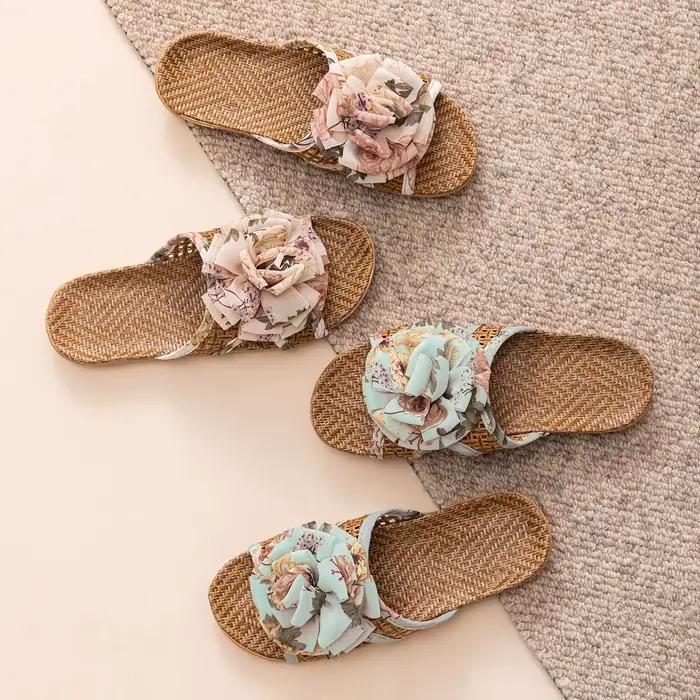 Nouvelles pantoufles d'été rafraîchissantes pour la maison avec nœud, chaussures d'intérieur en rotin, antidérapantes