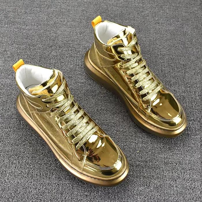 2025 chaussures de sport montantes pour hommes mode cuir brillant or argent luxe Skateboard bottes souples légères Sneaker de haute qualité