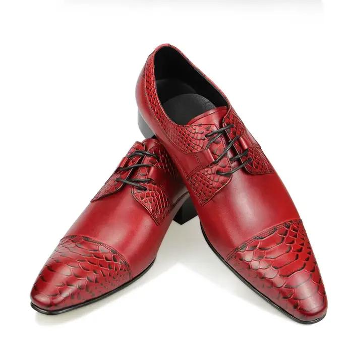 Chaussures Derby à bout pointu en cuir véritable pour hommes, rouge, élégantes et confortables pour les mariages et les événements professionnels