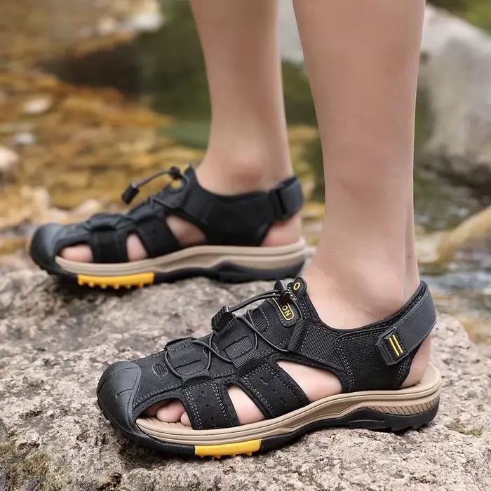 Sandales d'été en cuir véritable pour hommes, chaussures décontractées d'extérieur, chaussures de plage romaines