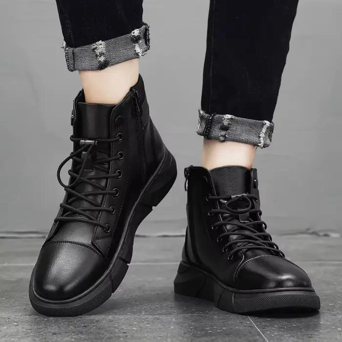 Bottes de rinçage en cuir noir pour hommes style britannique printemps automne confort plat forme de bout rond occassions extérieures et travail
